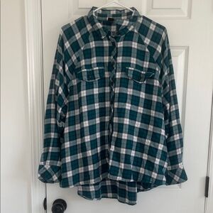 Green and White Plaid Flannel Shirt
